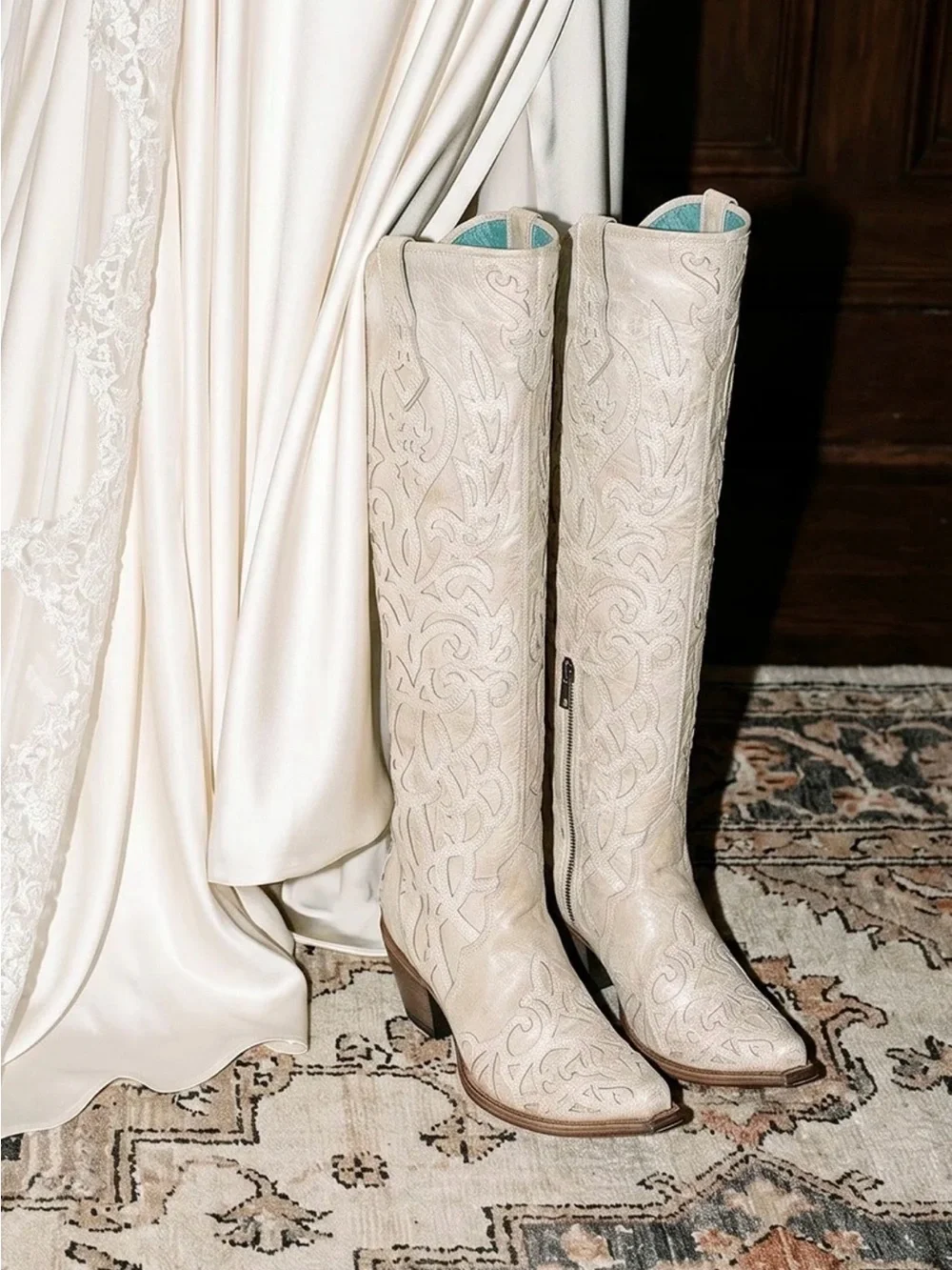 Women’s Beige Glitter Overlay and Embroidery Tall top Snip Toe Cowboy Boots